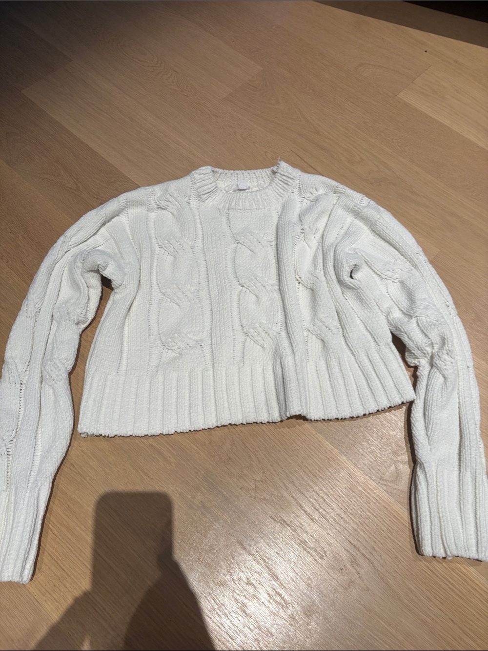 Garage White Cropped Cable-Knit Crew Sweater